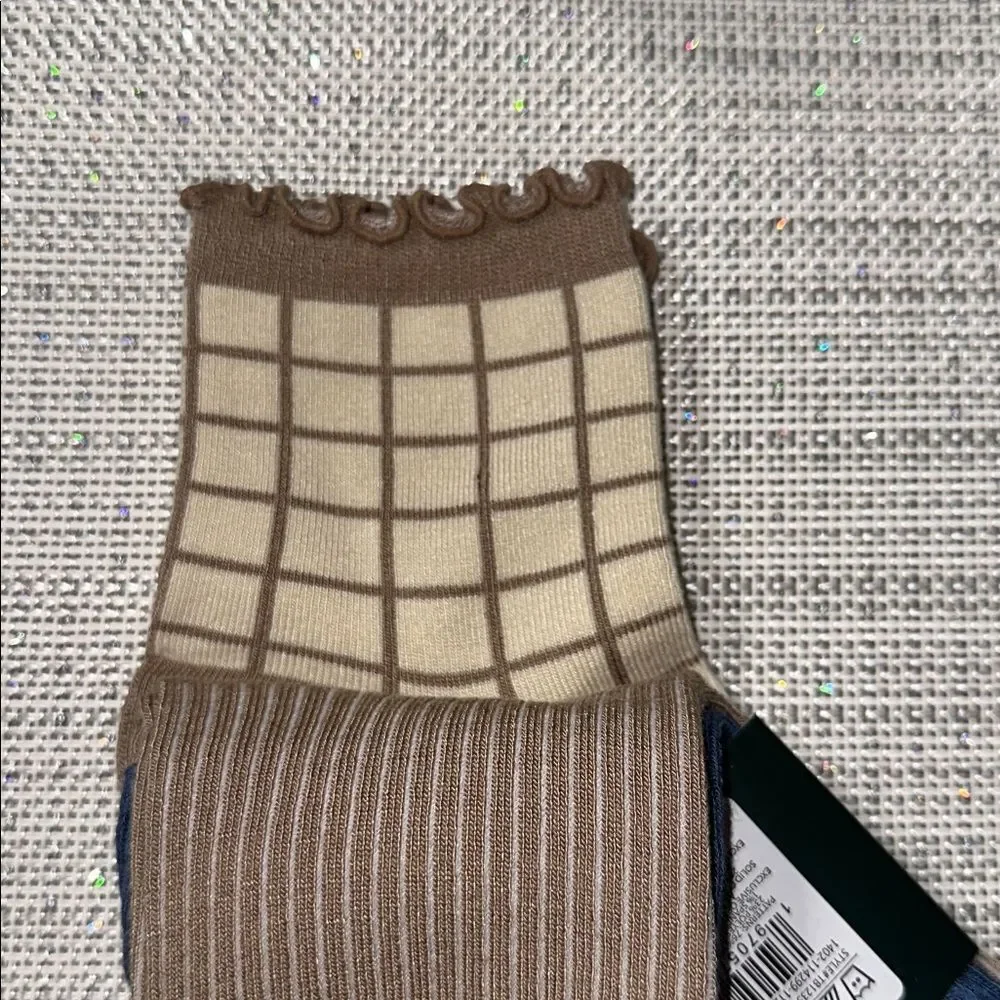Ted Baker Tan Plaid Blue Dress Crew cut Knit Bamboo Blend Socks 3 pack